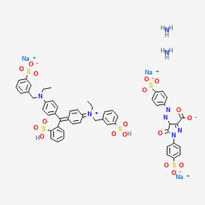 molecular formula C53H51N8Na3O18S5 B1216219 Benzenemethanaminium, N-ethyl-N-(4-((4-(ethyl((3-sulfophenyl)methylamino)phenyl)(2-sulfophenyl)methylene)-2,5-cyclohexadien-1-ylidene)-3-sulfo-, hydroxide, inner salt, diammonium salt, mixt. 4,5-dihydro-5-oxo-1-(4-sulfophenyl)-4-((4-sulfophenyl)azo)-1H-pyrazole-3-carboxylic acid trisodium salt CAS No. 92170-50-8