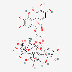 molecular formula C46H34O30 B1216238 (46R)-7,8,9,12,13,14,25,26,27,30,31,32,35,36,37-Pentadecahydroxy-46-[(3R,4S)-2,3,4-trihydroxy-5-(hydroxymethyl)oxolan-2-yl]-3,18,21,41,43-pentaoxanonacyclo[27.13.3.138,42.02,20.05,10.011,16.023,28.033,45.034,39]hexatetraconta-5,7,9,11,13,15,23,25,27,29(45),30,32,34(39),35,37-pentadecaene-4,17,22,40,44-pentone CAS No. 115166-32-0