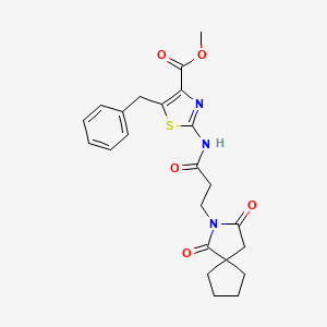 molecular formula C23H25N3O5S B12162441 Methyl 5-benzyl-2-{[3-(1,3-dioxo-2-azaspiro[4.4]non-2-yl)propanoyl]amino}-1,3-thiazole-4-carboxylate 