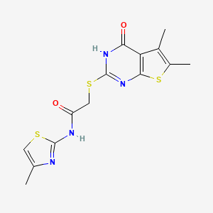 molecular formula C14H14N4O2S3 B1216247 ACETAMIDE,2-[(1,4-DIHYDRO-5,6-DIMETHYL-4-OXOTHIENO[2,3-D]PYRIMIDIN-2-YL)THIO]-N-(4-METHYL-THIAZOL-2-YL)- 
