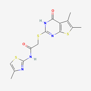 molecular formula C14H14N4O2S3 B1216247 2-[(5,6-dimethyl-4-oxo-3H-thieno[2,3-d]pyrimidin-2-yl)thio]-N-(4-methyl-2-thiazolyl)acetamide 