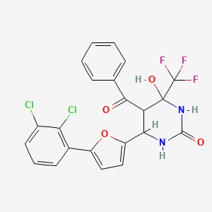 molecular formula C22H15Cl2F3N2O4 B12162702 {6-[5-(2,3-Dichlorophenyl)furan-2-yl]-2,4-dihydroxy-4-(trifluoromethyl)-1,4,5,6-tetrahydropyrimidin-5-yl}(phenyl)methanone 
