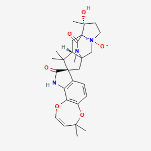 molecular formula C28H35N3O6 B1216296 (6'R,8R,9'S)-6'-Hydroxy-4,4,6',10',10',13'-hexamethyl-3'-oxidospiro[10H-[1,4]dioxepino[2,3-g]indole-8,11'-13-aza-3-azoniatetracyclo[5.5.2.01,9.03,7]tetradecane]-9,14'-dione CAS No. 141137-59-9