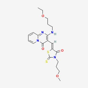 molecular formula C21H26N4O4S2 B12164348 2-[(3-ethoxypropyl)amino]-3-{(Z)-[3-(3-methoxypropyl)-4-oxo-2-thioxo-1,3-thiazolidin-5-ylidene]methyl}-4H-pyrido[1,2-a]pyrimidin-4-one 
