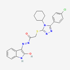 molecular formula C24H23ClN6O2S B12165243 2-{[5-(4-chlorophenyl)-4-cyclohexyl-4H-1,2,4-triazol-3-yl]sulfanyl}-N'-[(3E)-2-oxo-1,2-dihydro-3H-indol-3-ylidene]acetohydrazide 