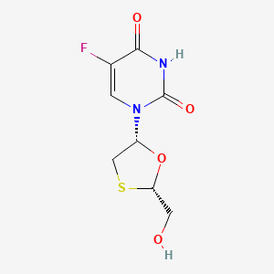B1216565 2,4(1H,3H)-Pyrimidinedione, 5-fluoro-1-(2-(hydroxymethyl)-1,3-oxathiolan-5-yl)-, (2S-cis)- CAS No. 143790-05-0