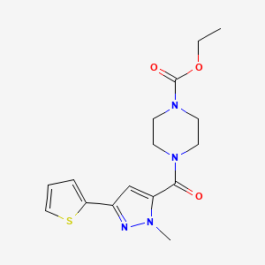 molecular formula C16H20N4O3S B12166263 ethyl 4-{[1-methyl-3-(thiophen-2-yl)-1H-pyrazol-5-yl]carbonyl}piperazine-1-carboxylate 
