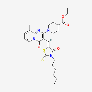 molecular formula C27H34N4O4S2 B12167052 ethyl 1-{3-[(Z)-(3-hexyl-4-oxo-2-thioxo-1,3-thiazolidin-5-ylidene)methyl]-9-methyl-4-oxo-4H-pyrido[1,2-a]pyrimidin-2-yl}piperidine-4-carboxylate 