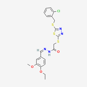 molecular formula C21H21ClN4O3S3 B12169016 2-[[5-[(2-chlorophenyl)methylsulfanyl]-1,3,4-thiadiazol-2-yl]sulfanyl]-N-[(E)-(4-ethoxy-3-methoxyphenyl)methylideneamino]acetamide 
