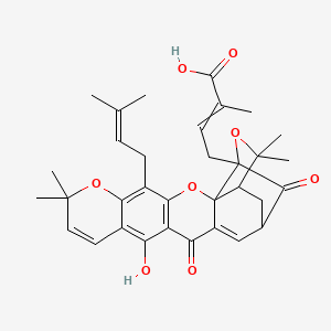 molecular formula C33H36O8 B1216923 4-[12-Hydroxy-8,8,21,21-tetramethyl-5-(3-methylbut-2-enyl)-14,18-dioxo-3,7,20-trioxahexacyclo[15.4.1.02,15.02,19.04,13.06,11]docosa-4(13),5,9,11,15-pentaen-19-yl]-2-methylbut-2-enoic acid CAS No. 5262-69-1