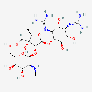 molecular formula C21H39N7O12 B1217042 1-[(1R,2R,3S,4R,5R,6S)-3-(diaminomethylideneamino)-4-[(2R,3R,4R,5S)-3-[(2S,3S,4S,5R,6S)-4,5-dihydroxy-6-(hydroxymethyl)-3-(methylamino)oxan-2-yl]oxy-4-formyl-4-hydroxy-5-methyloxolan-2-yl]oxy-2,5,6-trihydroxycyclohexyl]guanidine CAS No. 57-92-1