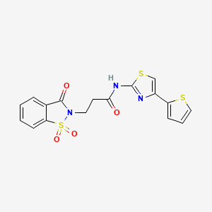 molecular formula C17H13N3O4S3 B12170444 3-(1,1-dioxido-3-oxo-1,2-benzothiazol-2(3H)-yl)-N-[4-(thiophen-2-yl)-1,3-thiazol-2-yl]propanamide 