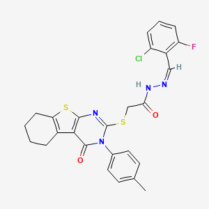molecular formula C26H22ClFN4O2S2 B12170916 N'-[(Z)-(2-chloro-6-fluorophenyl)methylidene]-2-{[3-(4-methylphenyl)-4-oxo-3,4,5,6,7,8-hexahydro[1]benzothieno[2,3-d]pyrimidin-2-yl]sulfanyl}acetohydrazide 