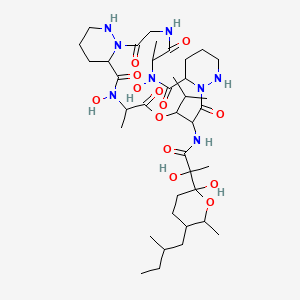 molecular formula C38H64N8O13 B1217127 N-(7,21-Dihydroxy-6,20-dimethyl-2,5,8,15,19,22-hexaoxo-17-propan-2-yl-18-oxa-1,4,7,13,14,21,27-heptazatricyclo[21.4.0.09,14]heptacosan-16-yl)-2-hydroxy-2-[2-hydroxy-6-methyl-5-(2-methylbutyl)oxan-2-yl]propanamide CAS No. 125228-51-5