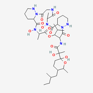 N-(7,21-Dihydroxy-6,20-dimethyl-2,5,8,15,19,22-hexaoxo-17-propan-2-yl-18-oxa-1,4,7,13,14,21,27-heptazatricyclo[21.4.0.09,14]heptacosan-16-yl)-2-hydroxy-2-[2-hydroxy-6-methyl-5-(2-methylbutyl)oxan-2-yl]propanamide