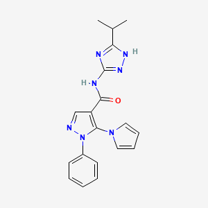molecular formula C19H19N7O B12172137 1-phenyl-N-[3-(propan-2-yl)-1H-1,2,4-triazol-5-yl]-5-(1H-pyrrol-1-yl)-1H-pyrazole-4-carboxamide 