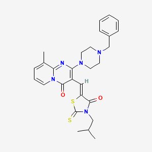 molecular formula C28H31N5O2S2 B12173235 2-(4-benzylpiperazin-1-yl)-9-methyl-3-{(Z)-[3-(2-methylpropyl)-4-oxo-2-thioxo-1,3-thiazolidin-5-ylidene]methyl}-4H-pyrido[1,2-a]pyrimidin-4-one 