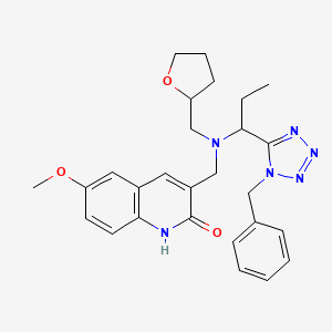 molecular formula C27H32N6O3 B1217385 6-methoxy-3-[[2-oxolanylmethyl-[1-[1-(phenylmethyl)-5-tetrazolyl]propyl]amino]methyl]-1H-quinolin-2-one 