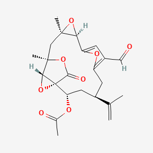 molecular formula C23H26O8 B1217388 7-Formyl-12,14-dimethyl-17-oxo-4-(prop-1-en-2-yl)-11,16,18,19-tetraoxapentacyclo[12.2.2.1~6,9~.0~1,15~.0~10,12~]nonadeca-6,8-dien-2-yl acetate 