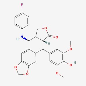 molecular formula C27H24FNO7 B1217586 Furo[3',7]naphtho[2,3-d]-1,3-dioxol-6(5H)-one, 9-[(4-fluorophenyl)amino]-5,8,8a,9-tetrahydro-5-(4-hydroxy-3,5-dimethoxyphenyl)- 