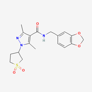 molecular formula C18H21N3O5S B12175881 N-(1,3-benzodioxol-5-ylmethyl)-1-(1,1-dioxidotetrahydrothiophen-3-yl)-3,5-dimethyl-1H-pyrazole-4-carboxamide 