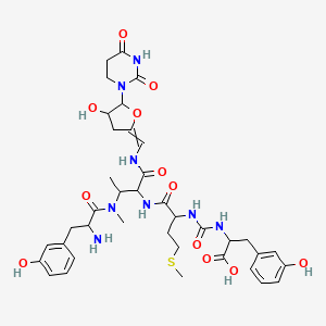 molecular formula C38H50N8O12S B1217741 2-[[1-[[3-[[2-Amino-3-(3-hydroxyphenyl)propanoyl]-methylamino]-1-[[5-(2,4-dioxo-1,3-diazinan-1-yl)-4-hydroxyoxolan-2-ylidene]methylamino]-1-oxobutan-2-yl]amino]-4-methylsulfanyl-1-oxobutan-2-yl]carbamoylamino]-3-(3-hydroxyphenyl)propanoic acid 