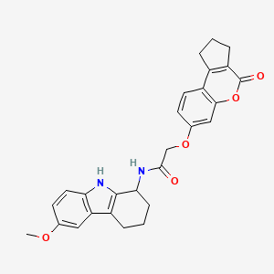 molecular formula C27H26N2O5 B12179126 N-(6-methoxy-2,3,4,9-tetrahydro-1H-carbazol-1-yl)-2-[(4-oxo-1,2,3,4-tetrahydrocyclopenta[c]chromen-7-yl)oxy]acetamide 