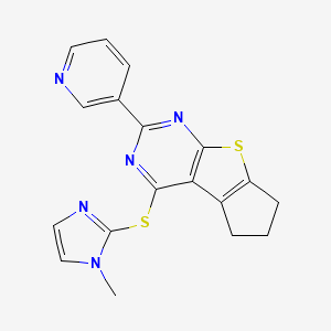 molecular formula C18H15N5S2 B12179977 12-[(1-methyl-1H-imidazol-2-yl)sulfanyl]-10-(pyridin-3-yl)-7-thia-9,11-diazatricyclo[6.4.0.0^{2,6}]dodeca-1(12),2(6),8,10-tetraene 