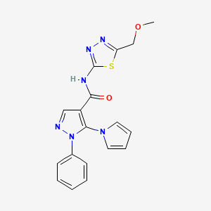 molecular formula C18H16N6O2S B12180280 N-[(2E)-5-(methoxymethyl)-1,3,4-thiadiazol-2(3H)-ylidene]-1-phenyl-5-(1H-pyrrol-1-yl)-1H-pyrazole-4-carboxamide 
