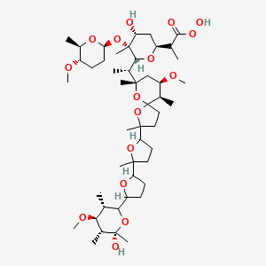 molecular formula C48H82O16 B1218040 2-[(2S,4R,5R,6R)-4-Hydroxy-6-[(1R)-1-[(7S,9R,10R)-2-[5-[5-[(3S,4S,5R,6S)-6-hydroxy-4-methoxy-3,5,6-trimethyloxan-2-yl]oxolan-2-yl]-5-methyloxolan-2-yl]-9-methoxy-2,7,10-trimethyl-1,6-dioxaspiro[4.5]decan-7-yl]ethyl]-5-[(2S,5S,6R)-5-methoxy-6-methyloxan-2-yl]oxy-5-methyloxan-2-yl]propaneperoxoic acid CAS No. 59149-05-2