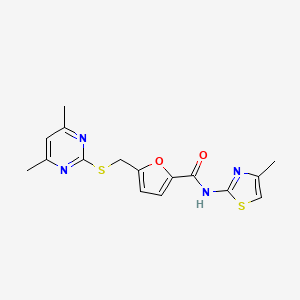 molecular formula C16H16N4O2S2 B12182243 5-(((4,6-dimethylpyrimidin-2-yl)thio)methyl)-N-(4-methylthiazol-2-yl)furan-2-carboxamide 