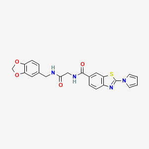 molecular formula C22H18N4O4S B12182378 N-{2-[(1,3-benzodioxol-5-ylmethyl)amino]-2-oxoethyl}-2-(1H-pyrrol-1-yl)-1,3-benzothiazole-6-carboxamide 