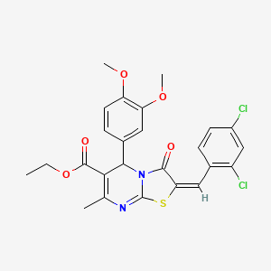 molecular formula C25H22Cl2N2O5S B12182573 ethyl (2E)-2-(2,4-dichlorobenzylidene)-5-(3,4-dimethoxyphenyl)-7-methyl-3-oxo-2,3-dihydro-5H-[1,3]thiazolo[3,2-a]pyrimidine-6-carboxylate 