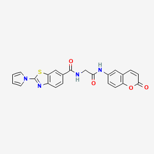 molecular formula C23H16N4O4S B12183646 N-{2-oxo-2-[(2-oxo-2H-chromen-6-yl)amino]ethyl}-2-(1H-pyrrol-1-yl)-1,3-benzothiazole-6-carboxamide 