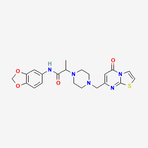 molecular formula C21H23N5O4S B12184466 N-(2H-1,3-benzodioxol-5-yl)-2-[4-({5-oxo-5H-[1,3]thiazolo[3,2-a]pyrimidin-7-yl}methyl)piperazin-1-yl]propanamide 