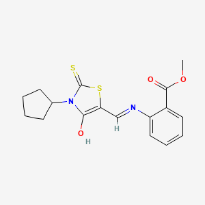 molecular formula C17H18N2O3S2 B12185484 methyl 2-{[(E)-(3-cyclopentyl-4-oxo-2-thioxo-1,3-thiazolidin-5-ylidene)methyl]amino}benzoate 