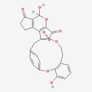 B1218615 4,8'-Dihydroxyspiro[2,11-dioxatricyclo[13.2.2.03,8]nonadeca-1(17),3(8),4,6,15,18-hexaene-13,3'-4,7-dioxatricyclo[7.3.0.02,6]dodeca-1(9),2(6)-diene]-5',10',12-trione CAS No. 139039-71-7