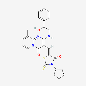 molecular formula C26H26N4O3S2 B12186945 3-[(Z)-(3-cyclopentyl-4-oxo-2-thioxo-1,3-thiazolidin-5-ylidene)methyl]-2-[(2-hydroxy-2-phenylethyl)amino]-9-methyl-4H-pyrido[1,2-a]pyrimidin-4-one 