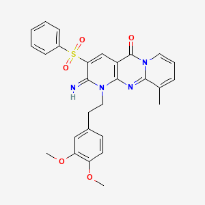 molecular formula C28H26N4O5S B12187102 5-(benzenesulfonyl)-7-[2-(3,4-dimethoxyphenyl)ethyl]-6-imino-11-methyl-1,7,9-triazatricyclo[8.4.0.03,8]tetradeca-3(8),4,9,11,13-pentaen-2-one 