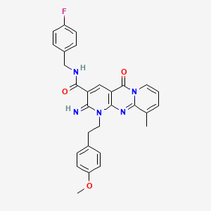 molecular formula C29H26FN5O3 B12187948 N-[(4-fluorophenyl)methyl]-6-imino-7-[2-(4-methoxyphenyl)ethyl]-11-methyl-2-oxo-1,7,9-triazatricyclo[8.4.0.03,8]tetradeca-3(8),4,9,11,13-pentaene-5-carboxamide 