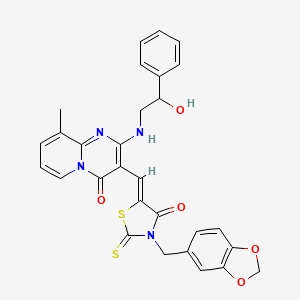 molecular formula C29H24N4O5S2 B12188100 3-{(Z)-[3-(1,3-benzodioxol-5-ylmethyl)-4-oxo-2-thioxo-1,3-thiazolidin-5-ylidene]methyl}-2-[(2-hydroxy-2-phenylethyl)amino]-9-methyl-4H-pyrido[1,2-a]pyrimidin-4-one 