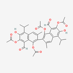 molecular formula C38H38O12 B1218830 1,1',7,7'-Tetrakis(acetyloxy)-6,6'-dihydroxy-3,3'-dimethyl-5,5'-bis(1-methylethyl)-(2,2'-binaphthalene)-8,8'-dicarboxaldehyde CAS No. 74032-65-8
