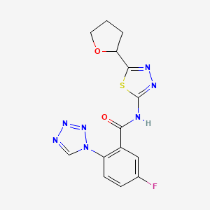 molecular formula C14H12FN7O2S B12189307 5-fluoro-N-[(2E)-5-(tetrahydrofuran-2-yl)-1,3,4-thiadiazol-2(3H)-ylidene]-2-(1H-tetrazol-1-yl)benzamide 