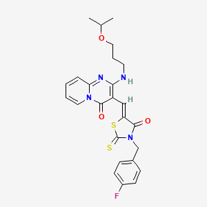 molecular formula C25H25FN4O3S2 B12189483 3-{(Z)-[3-(4-fluorobenzyl)-4-oxo-2-thioxo-1,3-thiazolidin-5-ylidene]methyl}-2-{[3-(propan-2-yloxy)propyl]amino}-4H-pyrido[1,2-a]pyrimidin-4-one 