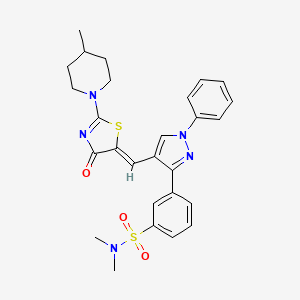 molecular formula C27H29N5O3S2 B12189580 N,N-Dimethyl-3-{4-[2-(4-methyl-piperidin-1-yl)-4-oxo-4H-thiazol-(5Z)-ylidenemethyl]-1-phenyl-1H-pyrazo l-3-yl}-benzenesulfonamide 
