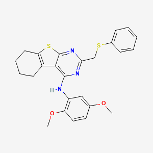 molecular formula C25H25N3O2S2 B12190223 N-(2,5-dimethoxyphenyl)-5-[(phenylsulfanyl)methyl]-8-thia-4,6-diazatricyclo[7.4.0.0^{2,7}]trideca-1(9),2,4,6-tetraen-3-amine 