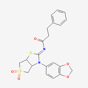 molecular formula C21H20N2O5S2 B12190456 N-[(2E)-3-(1,3-benzodioxol-5-yl)-5,5-dioxidotetrahydrothieno[3,4-d][1,3]thiazol-2(3H)-ylidene]-3-phenylpropanamide 