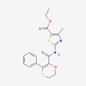 molecular formula C18H18N2O4S2 B12190573 Ethyl 4-methyl-2-{[(3-phenyl-5,6-dihydro-1,4-oxathiin-2-yl)carbonyl]amino}-1,3-thiazole-5-carboxylate 