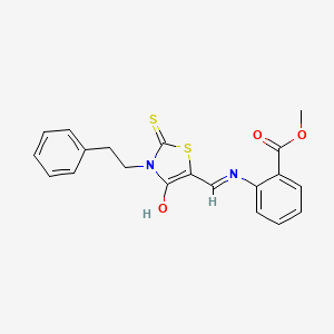 molecular formula C20H18N2O3S2 B12190955 methyl 2-({(E)-[4-oxo-3-(2-phenylethyl)-2-thioxo-1,3-thiazolidin-5-ylidene]methyl}amino)benzoate 