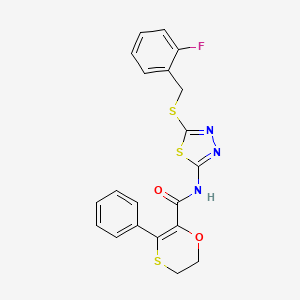 molecular formula C20H16FN3O2S3 B12191098 N-[(2Z)-5-[(2-fluorobenzyl)sulfanyl]-1,3,4-thiadiazol-2(3H)-ylidene]-3-phenyl-5,6-dihydro-1,4-oxathiine-2-carboxamide 